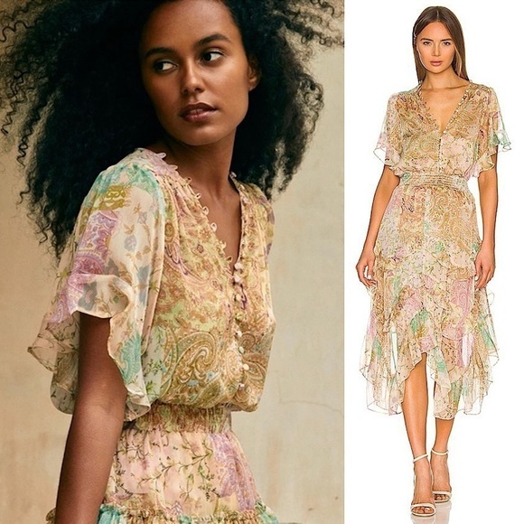 MISA Chiffon Floral Paisley Patchwork Flutter Short Sleeve Button Front Top XS - Picture 1 of 11